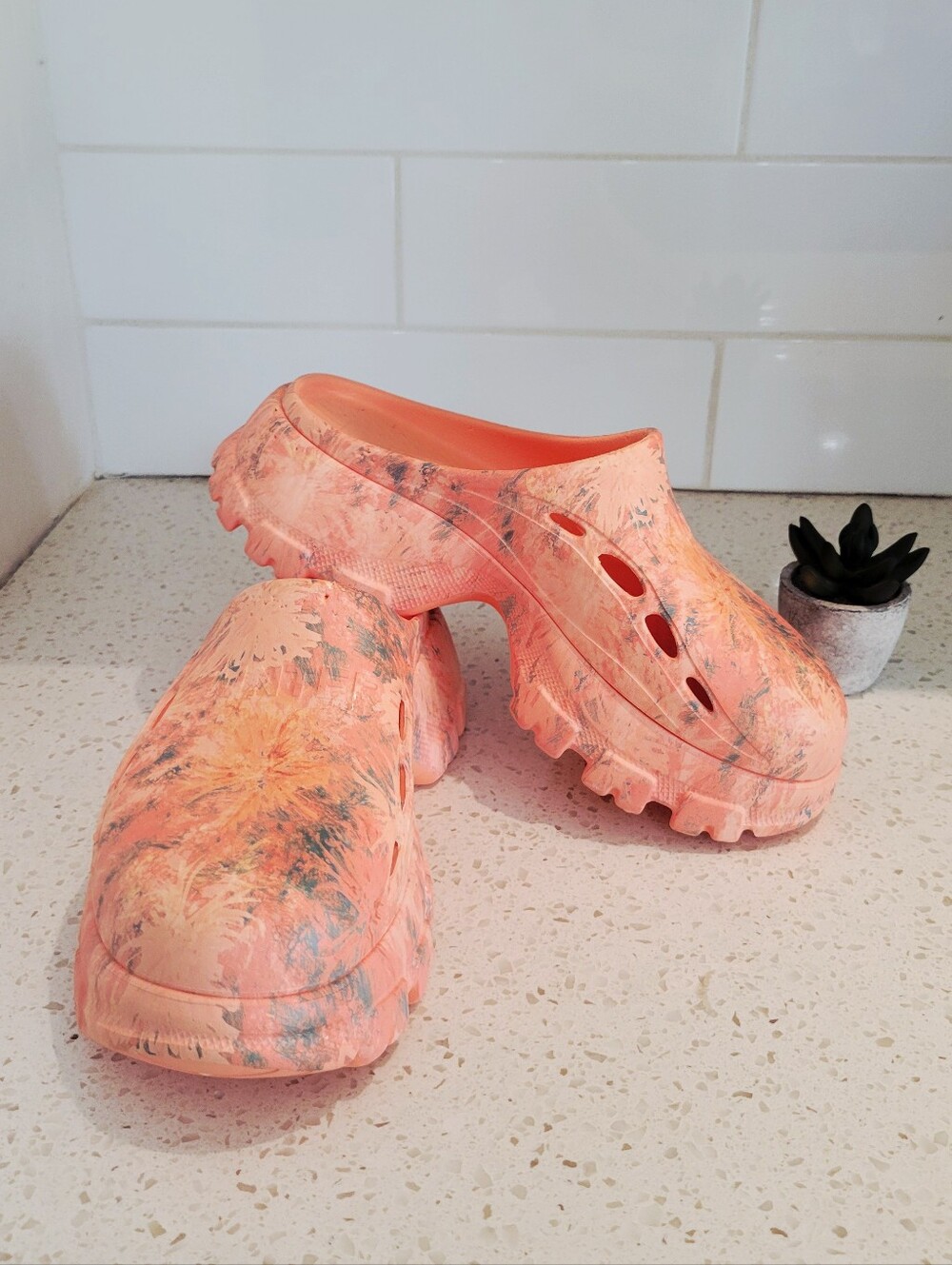 Hunter Play Printed Clog Mules Orange Floral Dahlia Waterproof Shoes Size 10